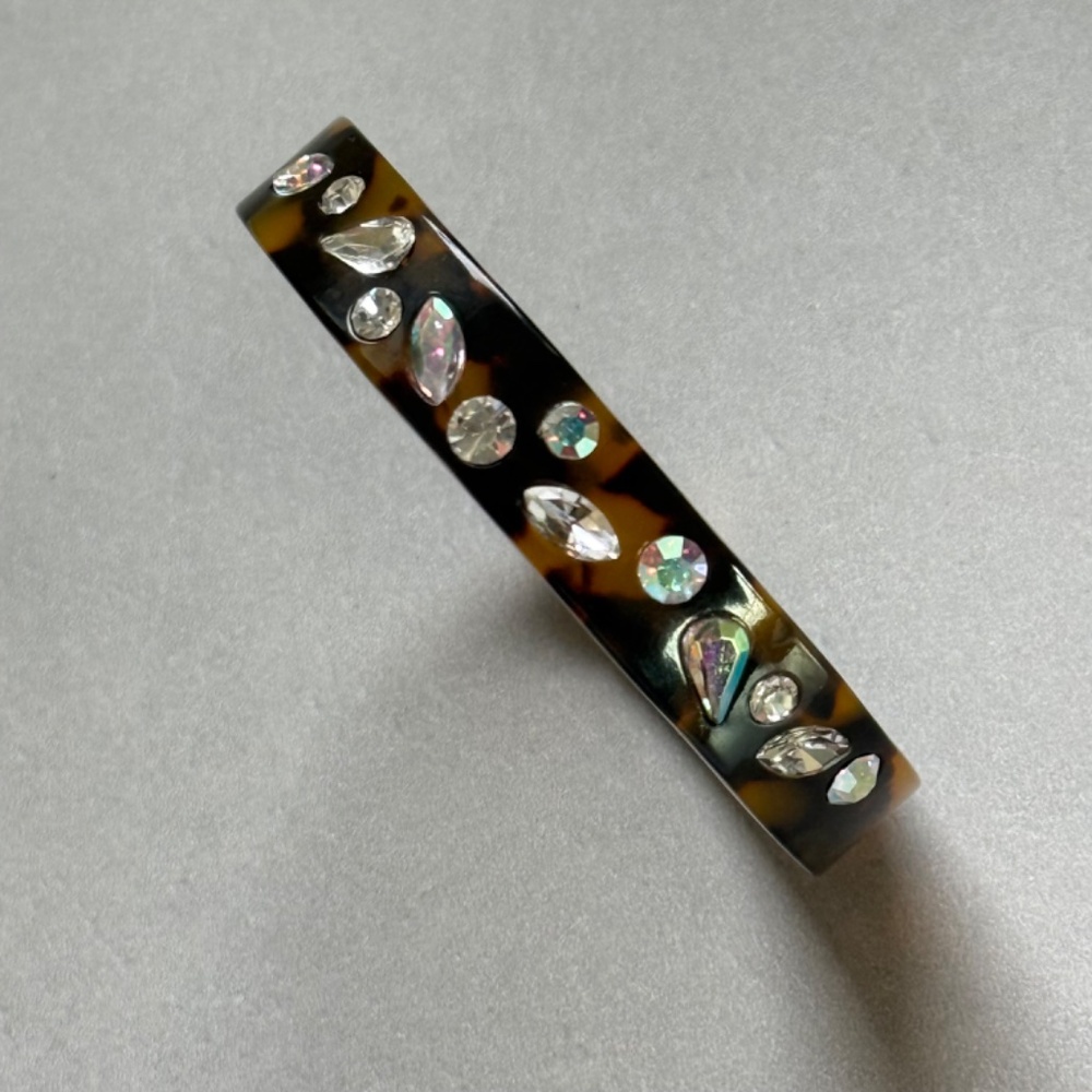 J. CREW Bracelet Bangle Tortoise Clear Faceted Crystals Gold Preppy (7-3/4") - Picture 6 of 7